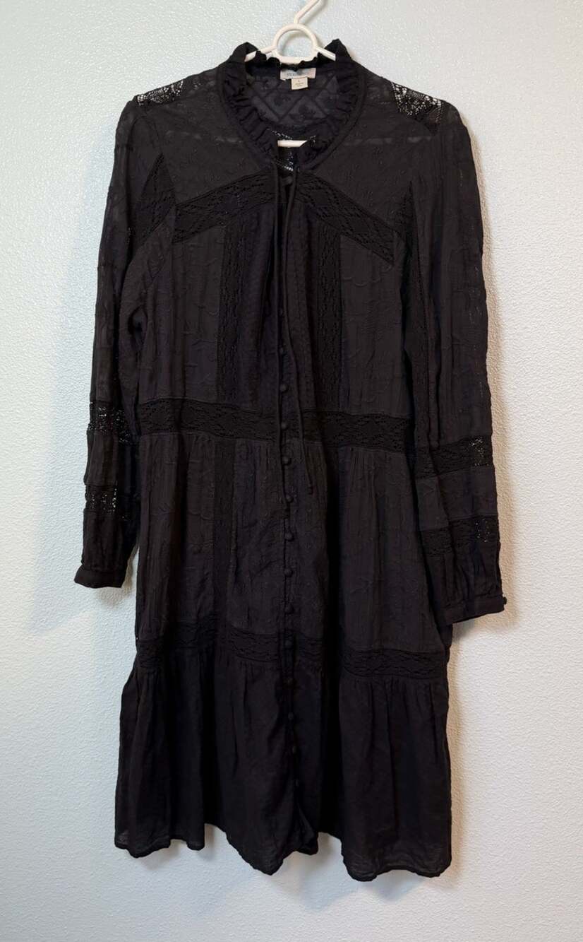Sundance Women’s Large Black Embroidered Lace Boho Midi Dress Long Sleeve